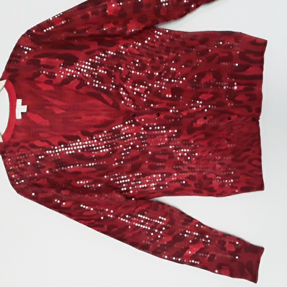 New York & Company Sequined Animal Print Cardigan, Cranberry Red Mix, Size L